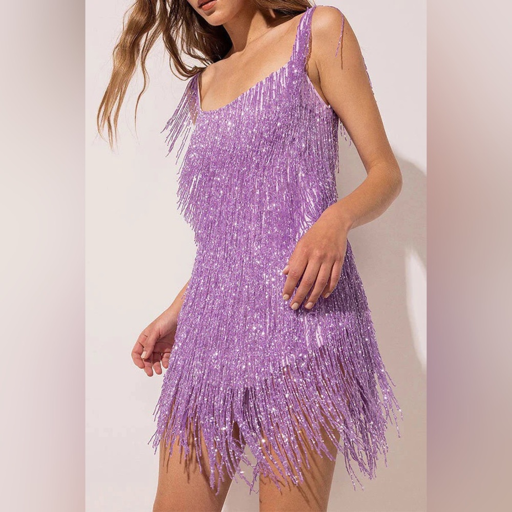 Purple sparkly fringe mini dress. Eras tour outfit for Taylor Swift!